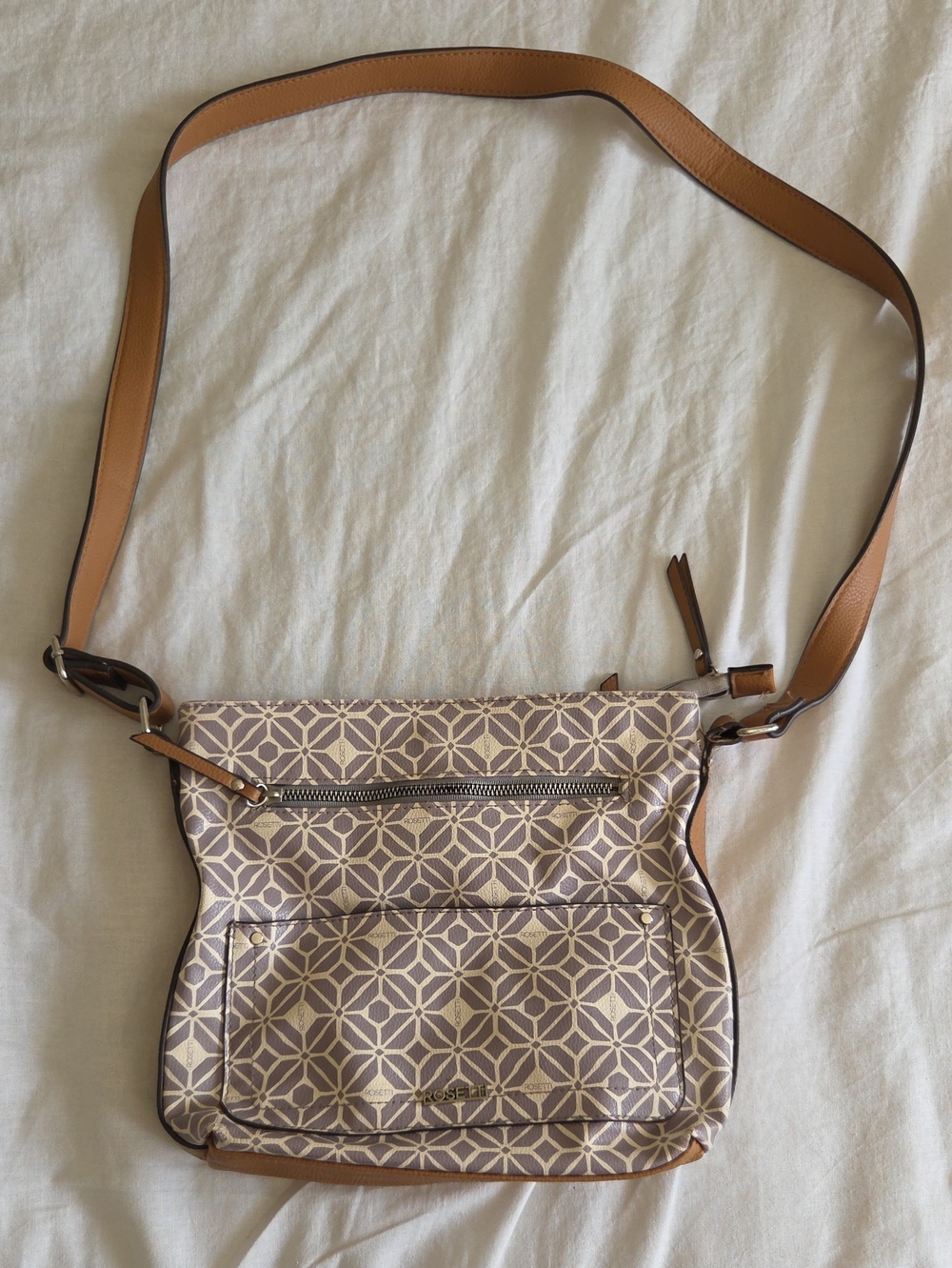 Rosetti Beige Geometric Crossbody Bag with Tan Strap
